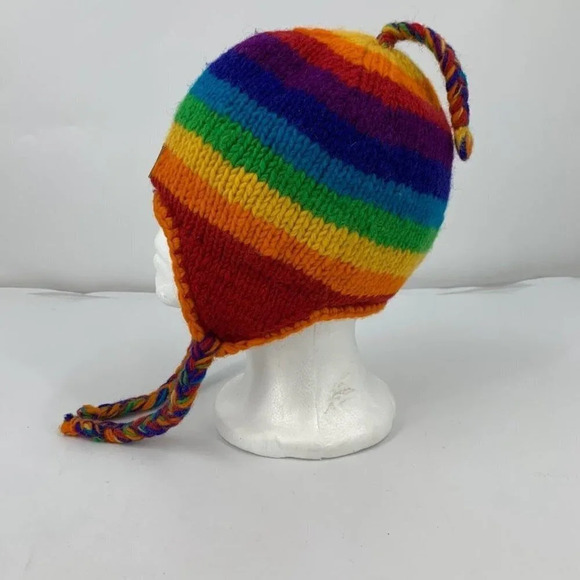 Kyber Unisex 100% Wool Made in Nepal Rainbow Knit Hat Cap Ear Flaps Beanie - Picture 1 of 9